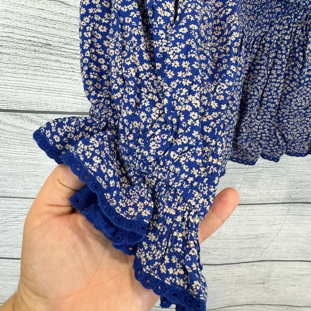 Free People Women's Blue Brittnee Print Smocked Back Peplum Top Size Small